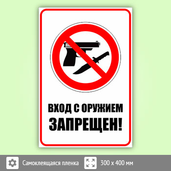 Знак «Вход с оружием запрещен», B108 (пленка, 300х400 мм)